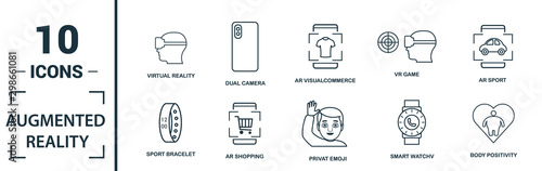 Ar And Vr icon set. Include creative elements augmented reality, 360 view, face recognition, augmented reality glasses, shopping icons. Can be used for report, presentation, diagram, web design