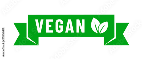 Vegan food diet icon. Organic, bio, eco symbol. Vegan, no meat, lactose free, healthy, fresh and nonviolent food. Vector illustration of green ribbon with leaves for stickers, labels and logos