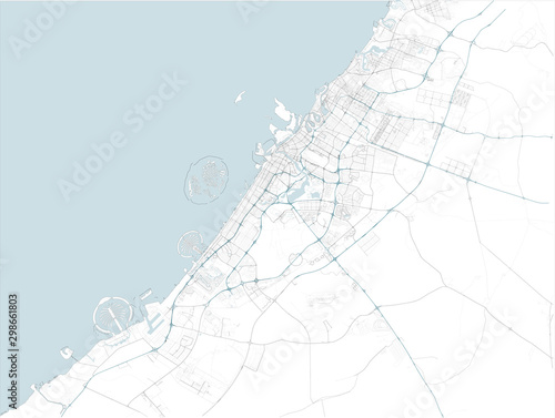 Satellite map of Dubai and surrounding areas, United Arab Emirates. Map roads, ring roads and highways, rivers, railway lines. Transportation map