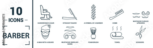 Barber Shop icon set. Include creative elements scissors, foam brush, straight razors cross, towel, mirror icons. Can be used for report, presentation, diagram, web design