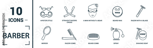 Barber Shop icon set. Include creative elements scissors, foam brush, straight razors cross, towel, mirror icons. Can be used for report, presentation, diagram, web design