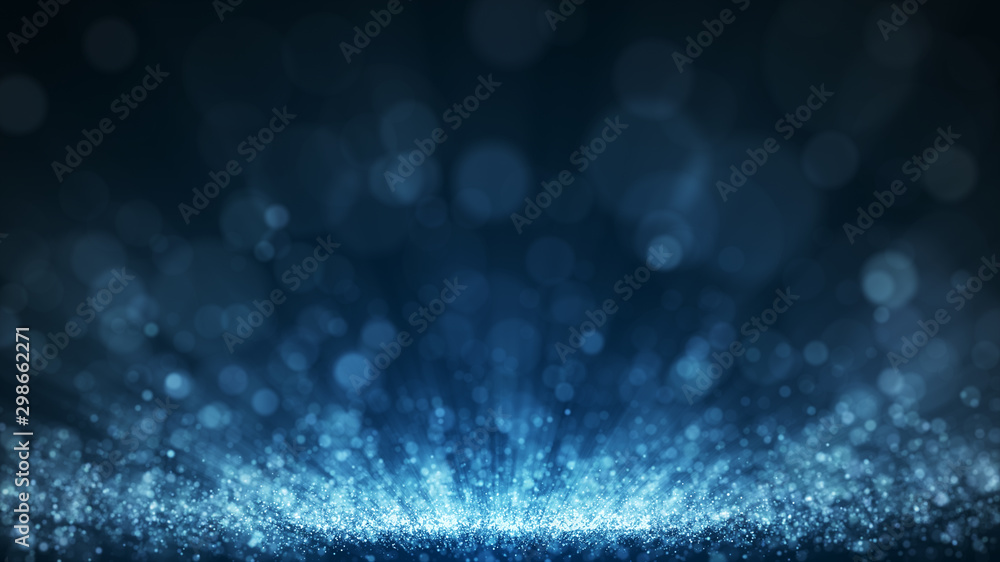 Dark blue and glow dust particle abstract background, Light ray shine