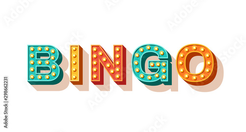 Bingo vector typography. Lottery retro glowing lettering. Game of chance and casino concept. Sparkly 3d signboard with neon light bulbs. Vintage volumetric letters isolated on white background photo