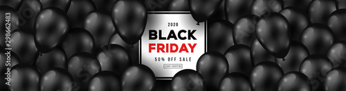 Black Friday Sale Long Horizontal Banner with Dark Shiny Balloons and Square Frame. Vector illustration.