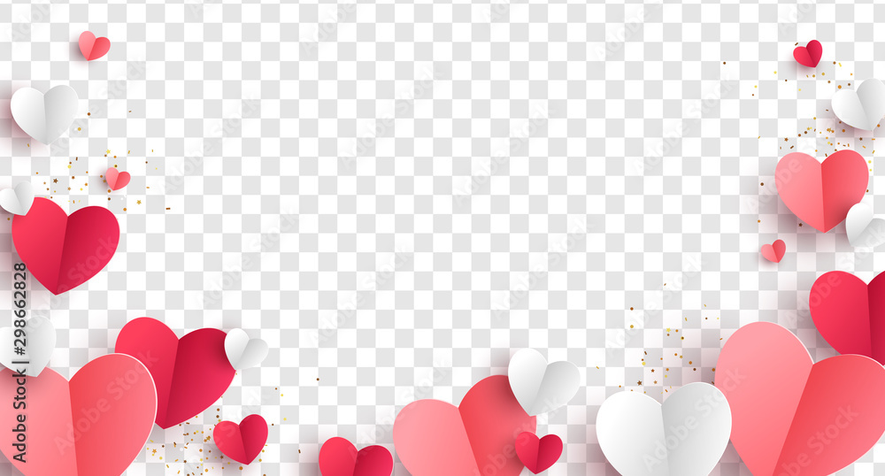 Naklejka Czerwone, różowe i białe serca ze złotym konfetti na przezroczystym tle. Ilustracja wektorowa. Wycinane z papieru dekoracje na projekt walentynkowy