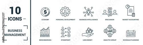 Business Management icon set. Include creative elements expert opinion, budget balance, sponsor, discussion, key event icons. Can be used for report, presentation, diagram, web design