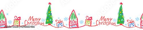 Christmas simple seamless border or frame. Like child hand drawing background pattern. Crayon, pastel chalk or pencil funny doodle tree, house, gift box, snow, hut. Vector kids artistic stroke style.