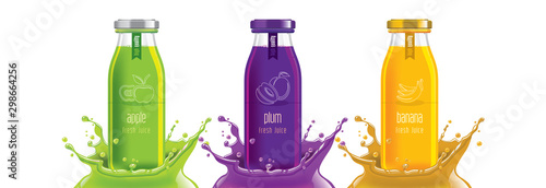 Fruit juice splash bottle set, apple, plum, banana sticker design.