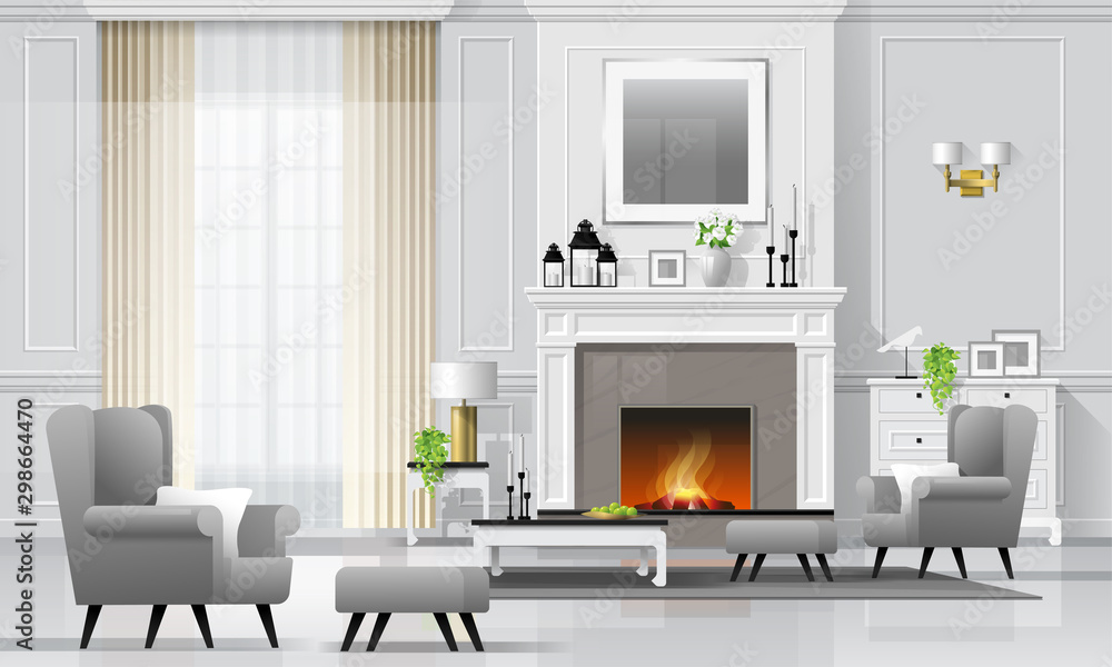 Naklejka premium Luxury living room interior background with fireplace and furniture in classic style , vector , illustration