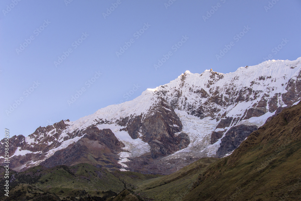 Panormic view of mountain Salcantay in Peru. Close-up view
