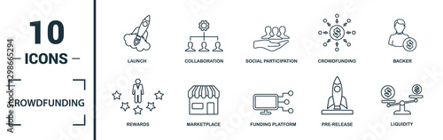 Crowdfunding icon set. Include creative elements marketplace, social participation, pre-release, rewards, funding platform icons. Can be used for report, presentation, diagram, web design photo