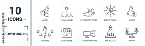 Crowdfunding icon set. Include creative elements marketplace, social participation, pre-release, rewards, funding platform icons. Can be used for report, presentation, diagram, web design