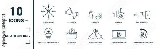 Crowdfunding icon set. Include creative elements marketplace, social participation, pre-release, rewards, funding platform icons. Can be used for report, presentation, diagram, web design