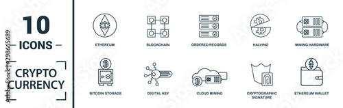 Crypto Currency icon set. Include creative elements decentralized, encrypted, ethereum wallet, node, halving icons. Can be used for report, presentation, diagram, web design