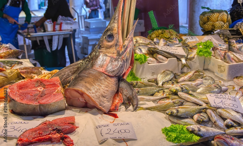 Fresh seafood for sale at the Rialto farmers market ,Mercato di Rialto.