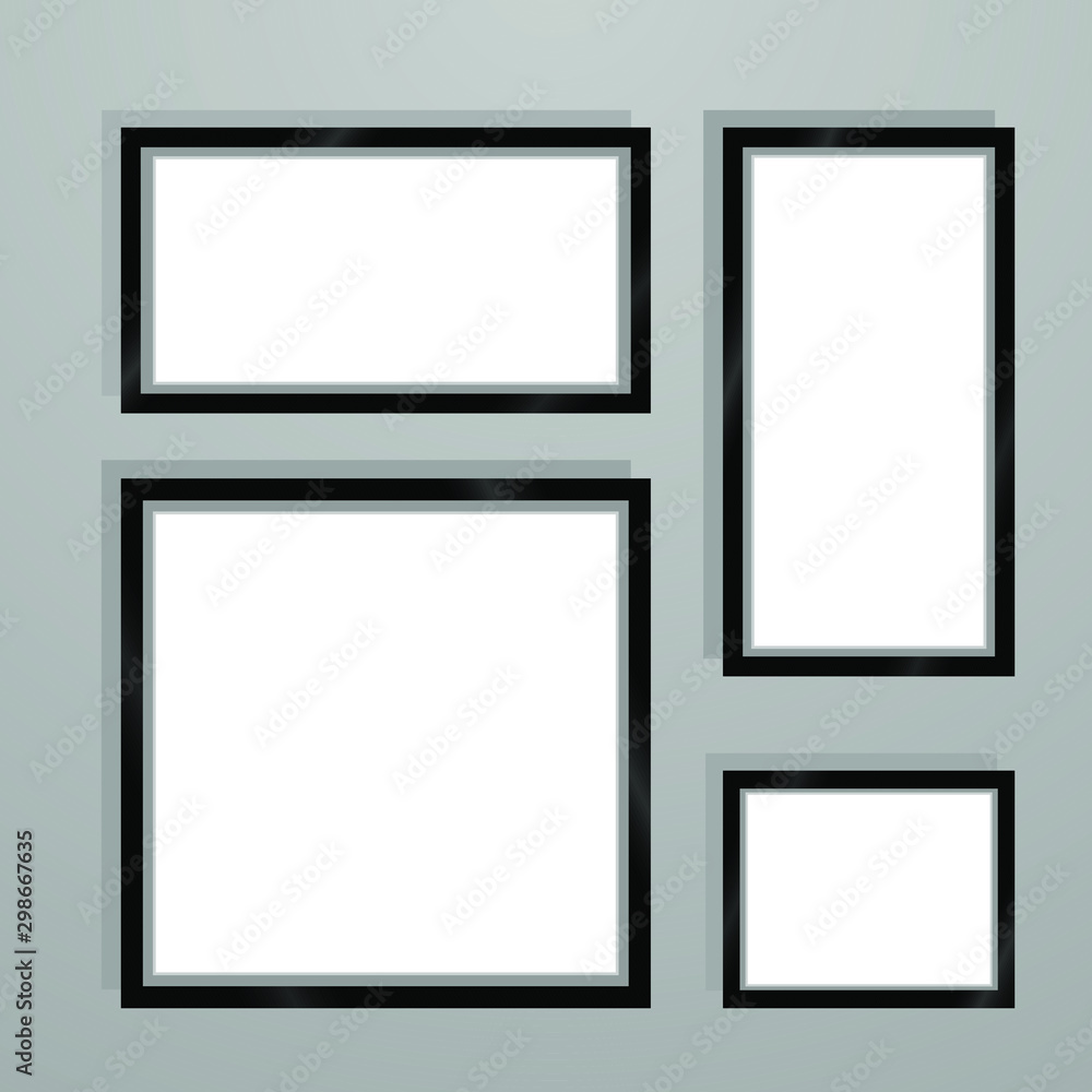Realistic Black and White photo frame with blank empty space, place. vector illustration, isolated on background. Grey wall gallery. For presentation, text, pictures, interior, decor, design object Realistic Black and White photo frame with blank empty space, place. vector illustration, isolated on background. Grey wall gallery. For presentation, text, pictures, interior, decor, design object