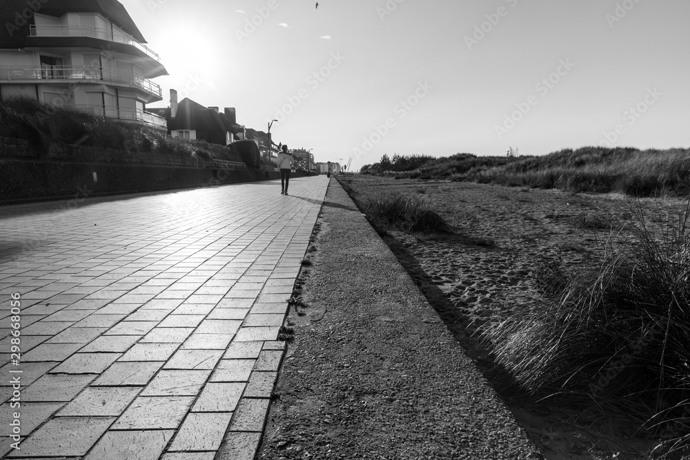 Obraz premium digue sable plage et bord de mer contre-jour noir et blanc