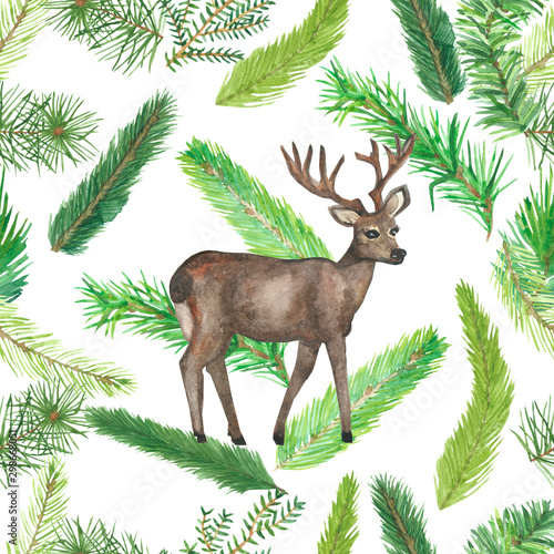 Watercolor hand painted nature forest landscape seamless pattern with different green fir branches isolated on the white background and brown deer with horns on the middle  trendy print for eco cards