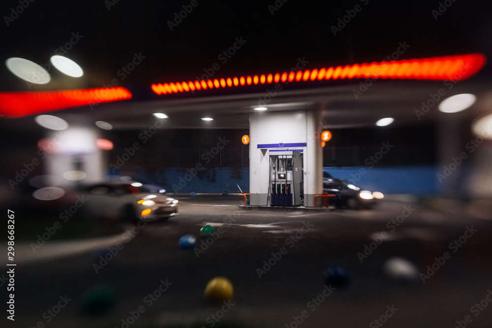 Fototapeta premium Busy traffic in city fog blur lights of cars on road
