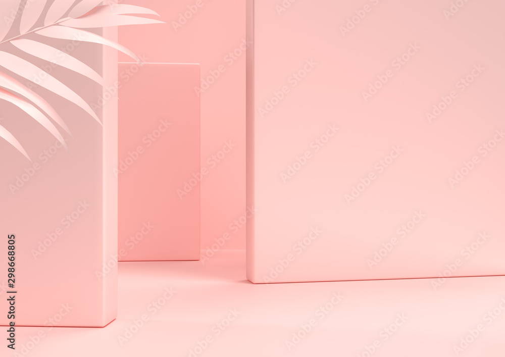 Fototapeta Scena z naturą dla gabloty wystawowej lub produktu kosmetycznego prezentaci, w różowych pastelowych kolorach, 3d rendering.