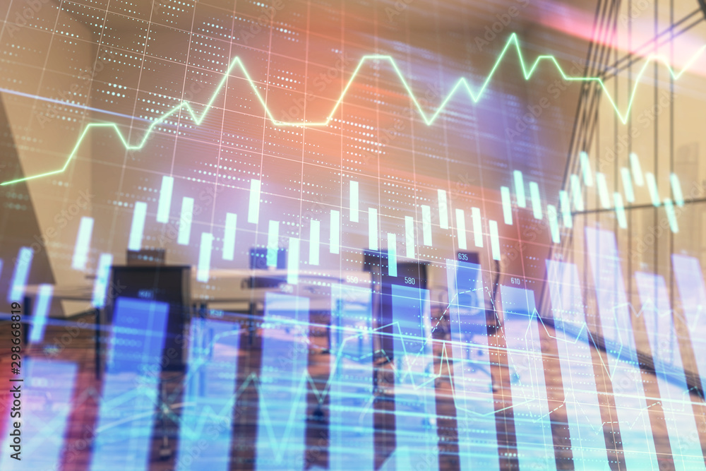 Multi exposure of stock market graph on conference room background. Concept of financial analysis Multi exposure of stock market graph on conference room background. Concept of financial analysis