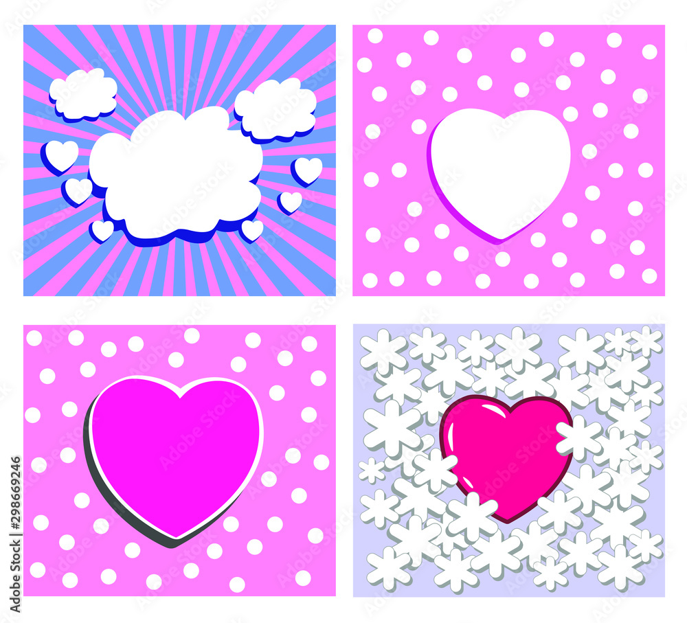 Valentine love stickers set with hearts, sun rays, polka dot and clouds.