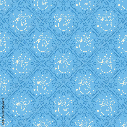 Seamless blue christmas pattern in vintage style. Christmas, winter, new year concept. Background pattern with snowman. Holiday wrapping paper. Vector.