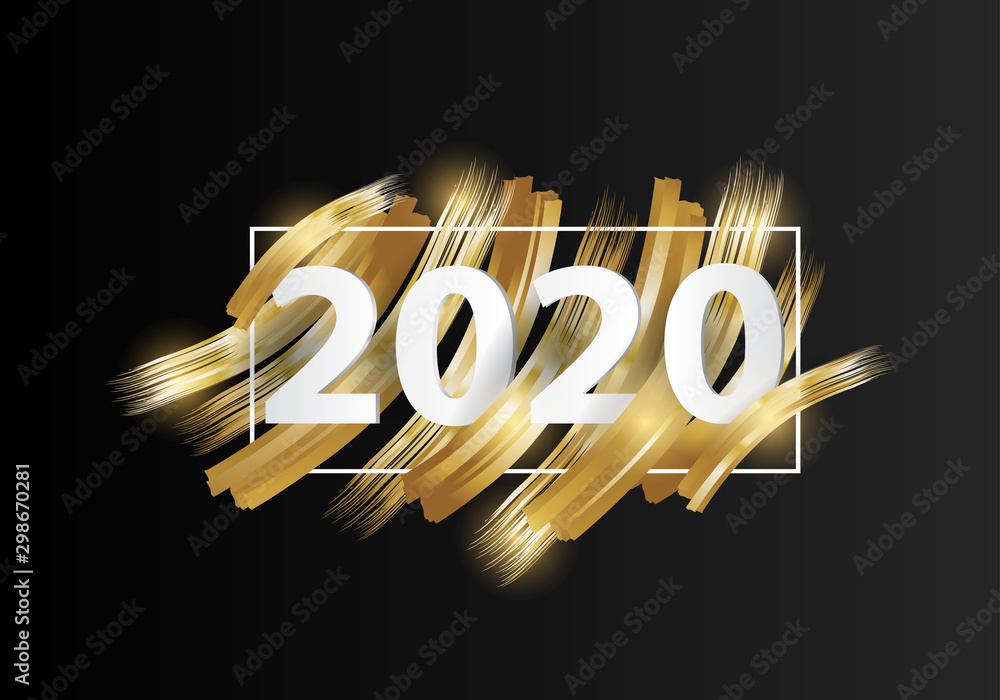happy new year 2020. 2020 Year on the background imitation of a golden brushstroke - obrazy, fototapety, plakaty 