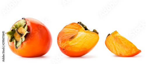 Set of ripe persimmon, half and slice close-up on a white. Isolated.