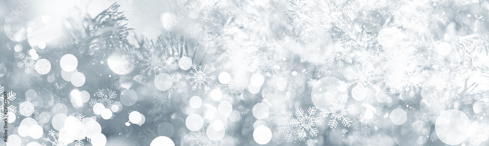 white and gray Christmas light with snowflake bokeh background, Winter backdrop wallpaper. - obrazy, fototapety, plakaty 