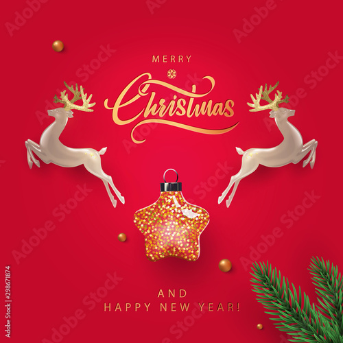 Merry Christmas and Happy New Year design template in modern minimalist style with pearl deer, star-shaped christmas toy full of little stars and realistic fir branch on red background. 