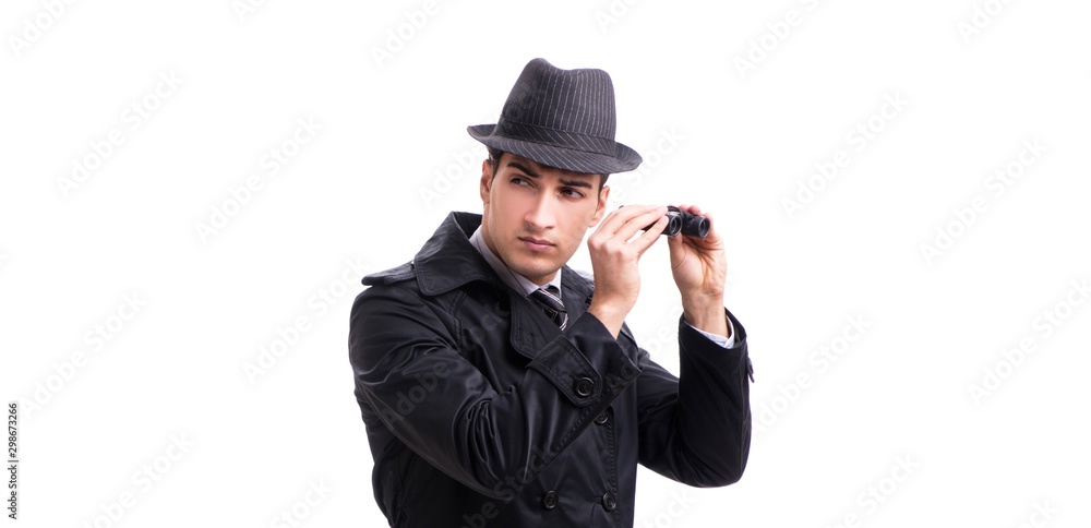 Spy with binoculars isolated on white background Spy with binoculars isolated on white background
