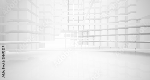 Abstract white architectural interior from an array of white cubes with large windows. 3D illustration and rendering.
