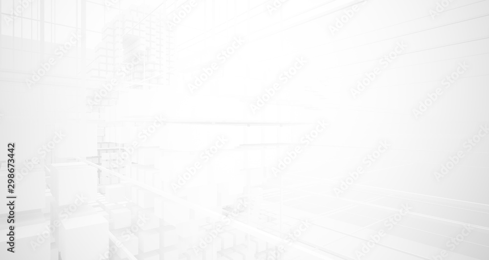 Fototapeta premium Abstract white architectural interior from an array of white cubes with large windows. 3D illustration and rendering.