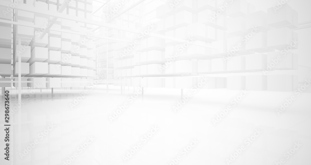 Abstract white architectural interior from an array of white cubes with large windows. 3D illustration and rendering. Abstract white architectural interior from an array of white cubes with large windows. 3D illustration and rendering.