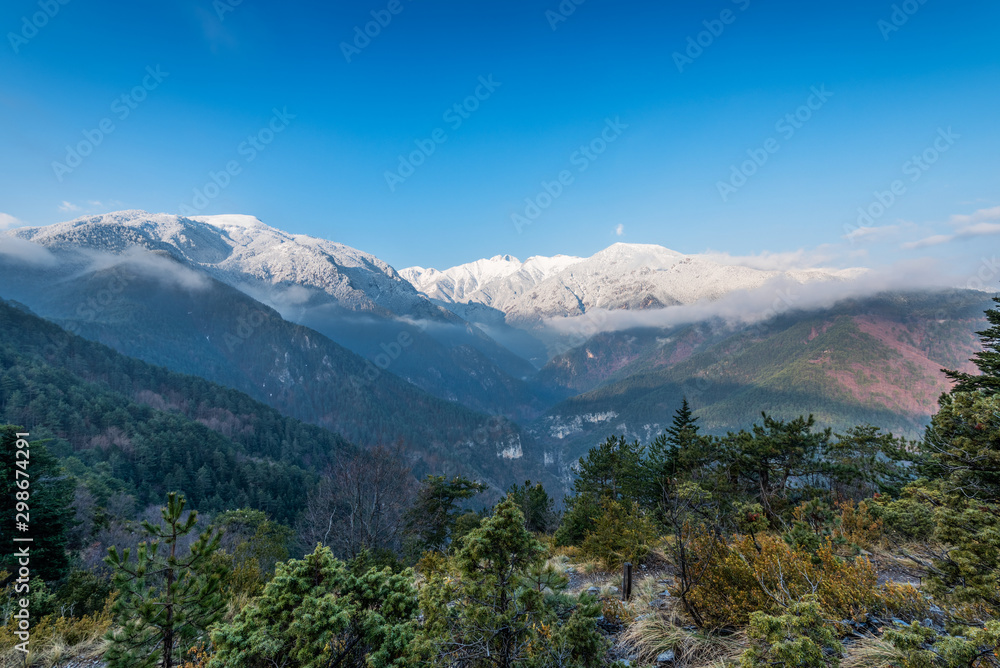 Landscape at Olympus mountain with forest and the high peaks in the background