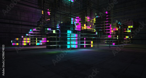 Abstract architectural concrete interior from an array of white cubes with color gradient neon lighting. 3D illustration and rendering.