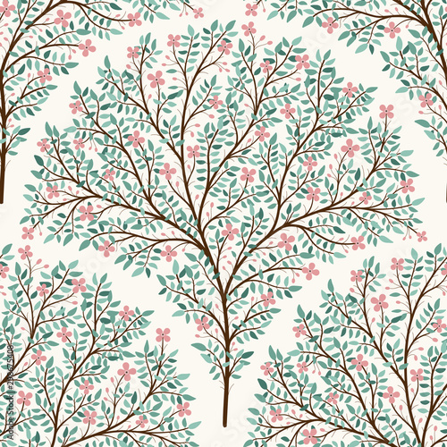 Blossoming tree Scallop seamless vector pattern, Cherry blossom on tree branches with leaves and twigs