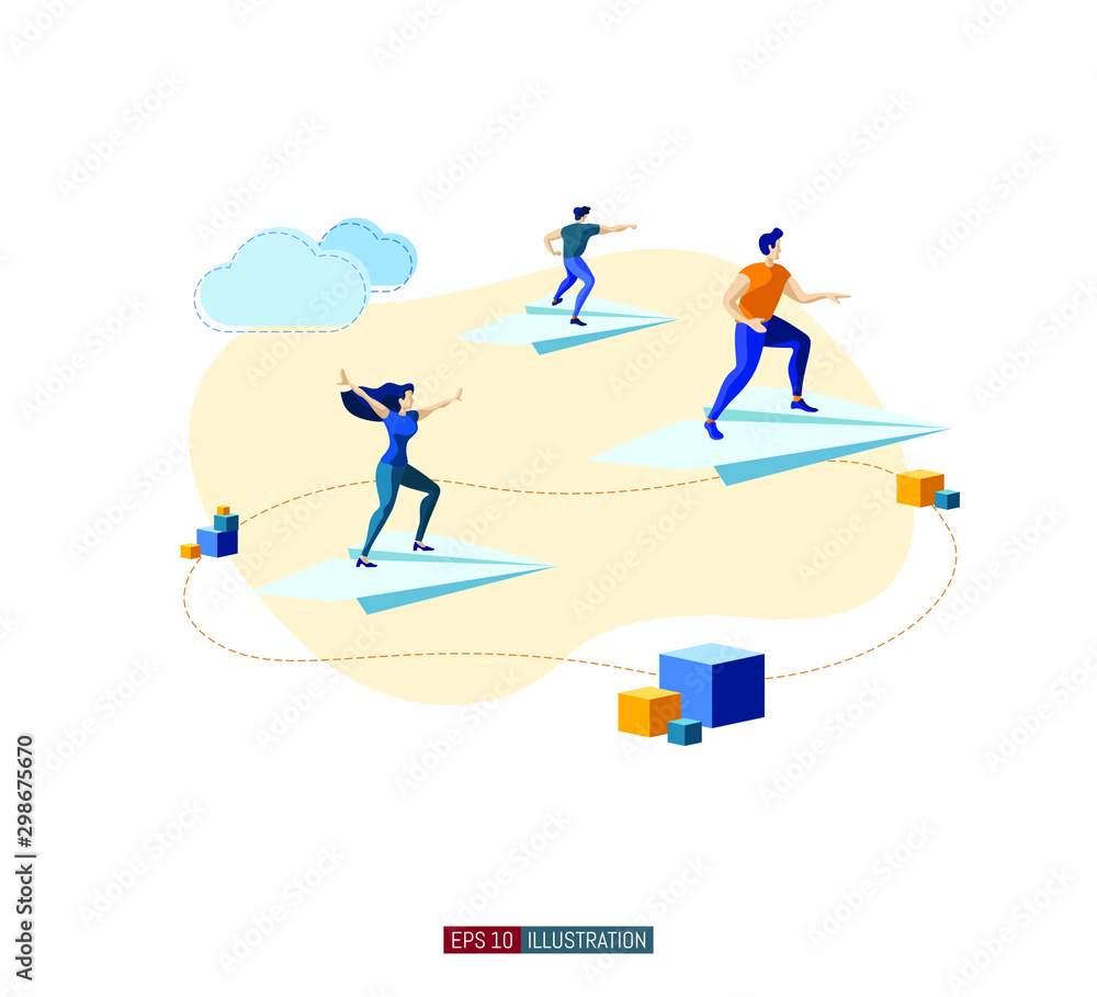 Trendy flat illustration. People fly on paper airplanes. Teamwork concept. Globalization. International business. Competition. Goal achievement. Template for your design works. Vector graphics. Trendy flat illustration. People fly on paper airplanes. Teamwork concept. Globalization. International business. Competition. Goal achievement. Template for your design works. Vector graphics.