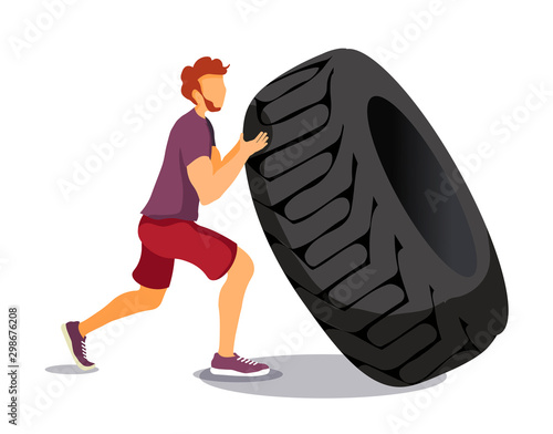 Fitness, Sport center, Healthy lifestyle, Tire service, Auto repair shop concept. Man flipping big tire. Isolated vector illustration for poster, banner, placard, flyer.