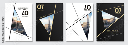 Vector cover design. Flyer, presentation, brochure layout. Banner, modernist poster design. City blur background.