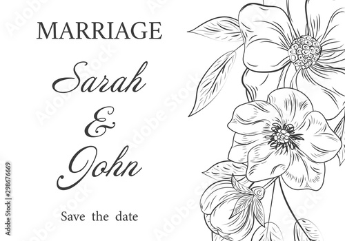 Wedding invitation with flowers and leaves. Vector illustration.