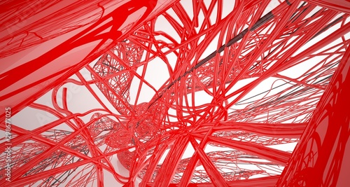 Abstract smooth architectural red and wire black gloss interior  with large windows. 3D illustration and rendering.