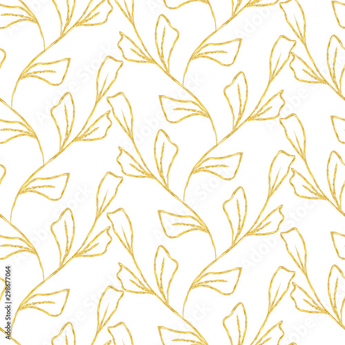 Seamless pattern with leaves, design in golden color. Vector illustration.