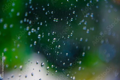 Drops of rain on glass with green tree nature background,romantic shot scene content,colorful raindrops.Blurred leaves of trees © witsanu