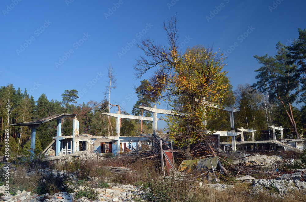 Ghost town in Eastern Europe.Former Soviet kids camp.Ukraine gets rid of the consequences of communism. Ruins. . Kiev Region,Ukraine