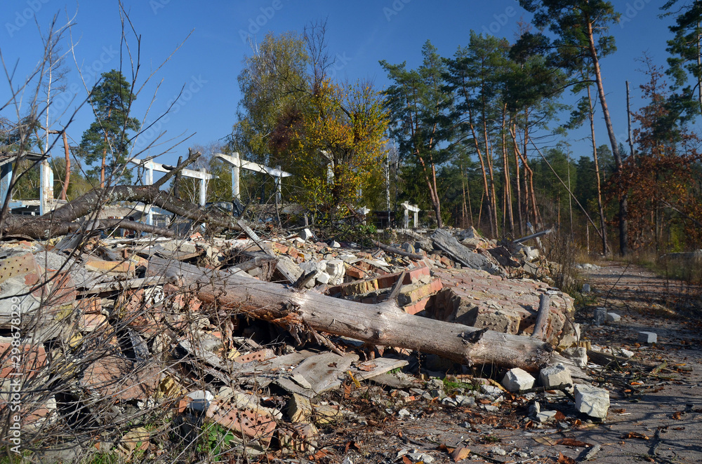 Ghost town in Eastern Europe.Former Soviet kids camp.Ukraine gets rid of the consequences of communism. Ruins. . Kiev Region,Ukraine Ghost town in Eastern Europe.Former Soviet kids camp.Ukraine gets rid of the consequences of communism. Ruins. . Kiev Region,Ukraine