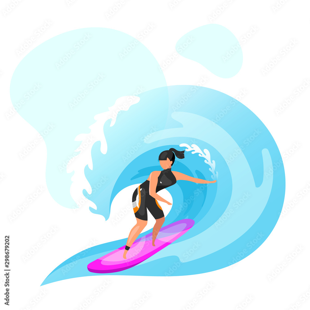 Surfing flat vector illustration. Extreme sports experience. Active lifestyle. Summer vacation outdoor fun activities. Ocean turquoise waves. Sportswoman isolated cartoon character on blue background