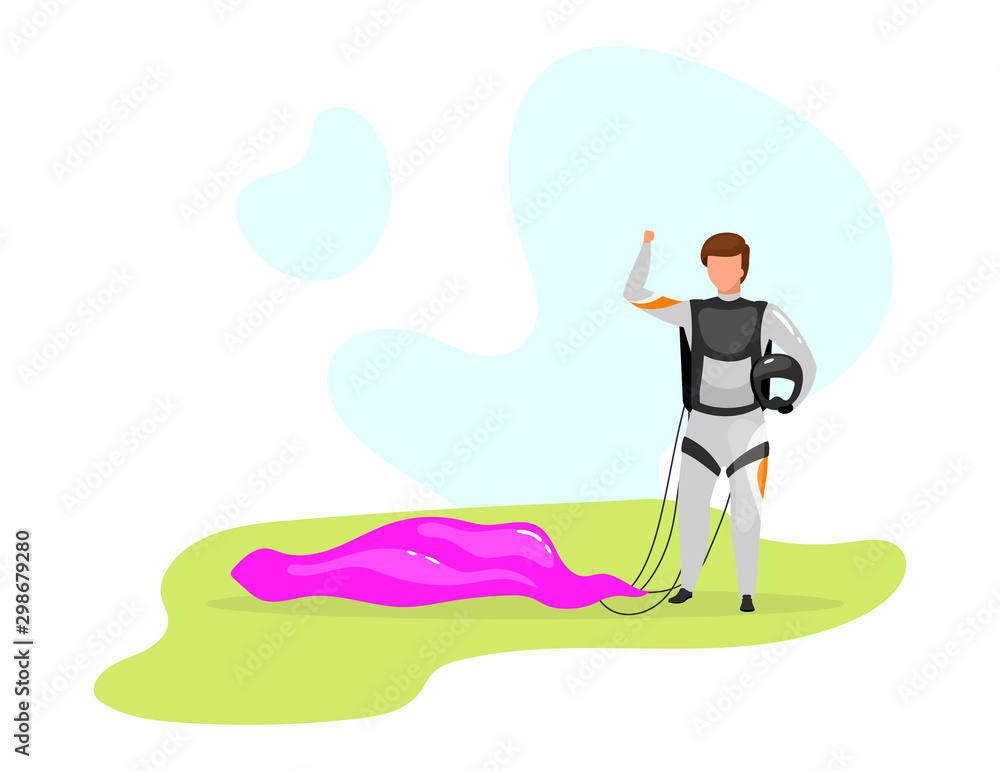 Man with parachute flat vector illustration. Skydiving, parachuting safe landing. Extreme sports. Active lifestyle. Outdoor activities. Sportsman isolated cartoon character on white background
