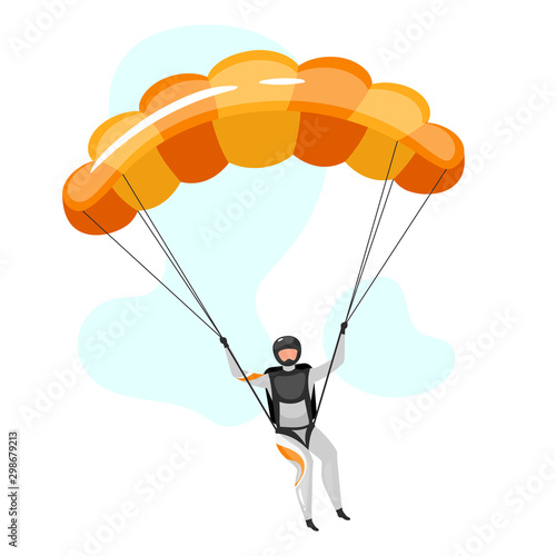 Parachuting flat vector illustration. Skydiving, paragliding experience. Extreme sports. Active lifestyle. Outdoor activities. Sportsman with parachute isolated cartoon character on blue background